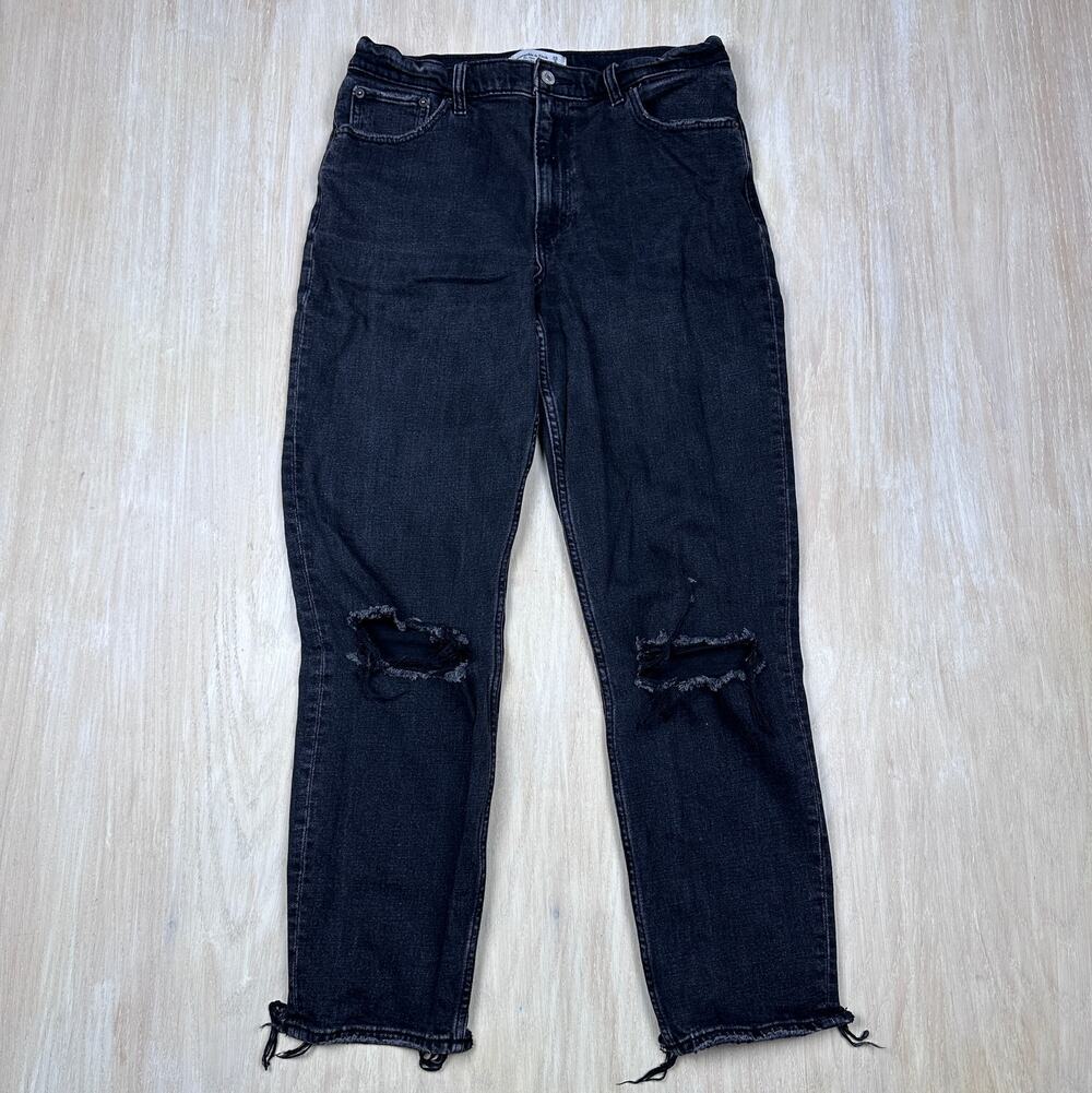 Abercrombie & Fitch Black Dark Wash The Mom High Rise Distressed Denim Jeans 29